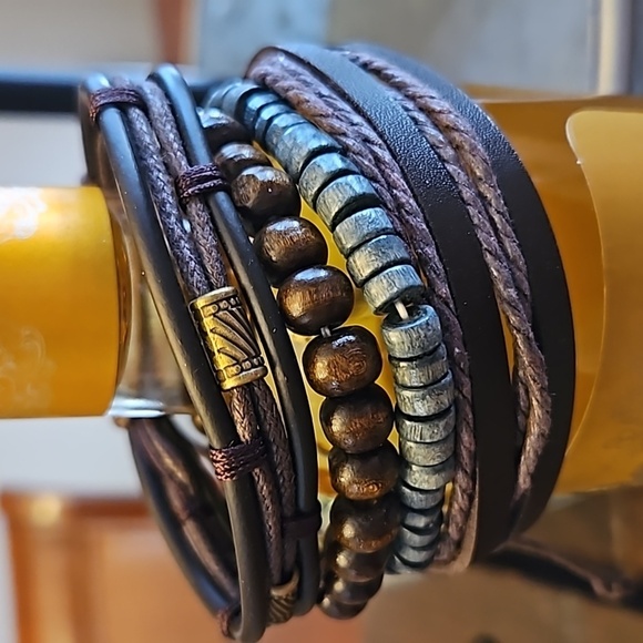 Leather and Cord and Wooden Bead Stacked Bracelets Unisex - Picture 1 of 3